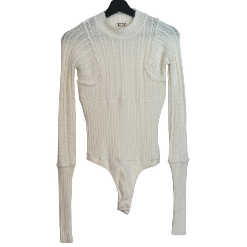 Free People Keep Me Warm Cable Knit Bodysuit Coconut Milk Ivory Small Cozy Fuzzy - Picture 2 of 8